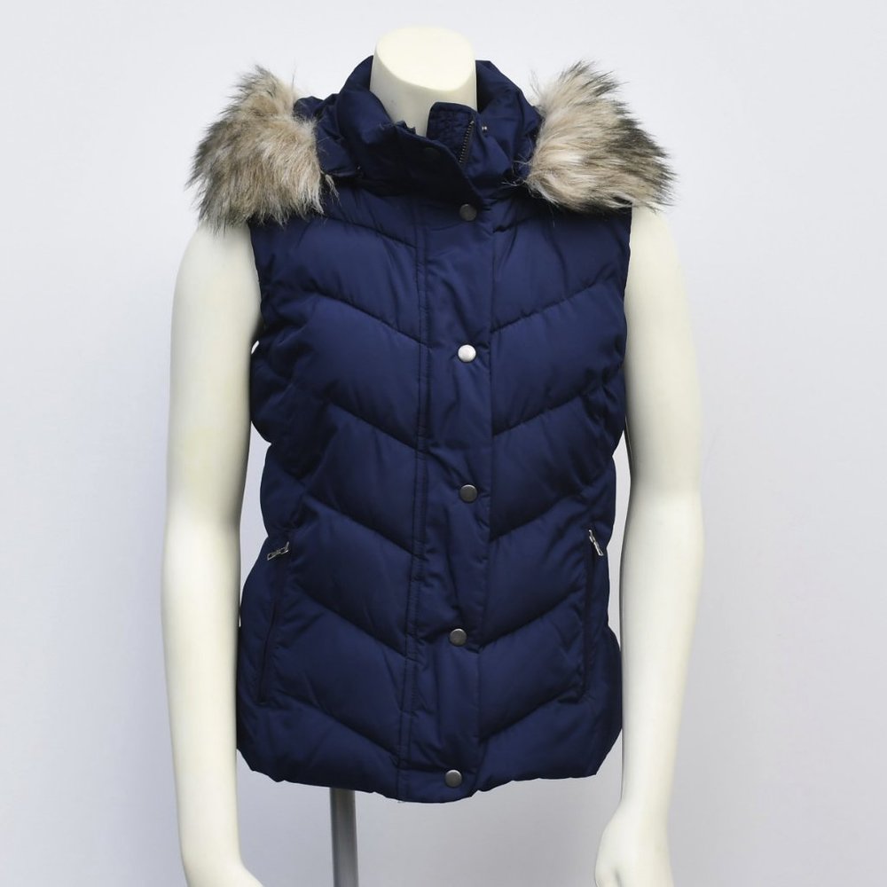 GAP navy hooded faux fur trim down vest  XS NWOT